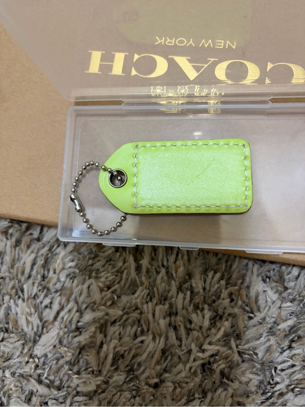 Coach Neon Lime Leather Key Tag with Ball Chain